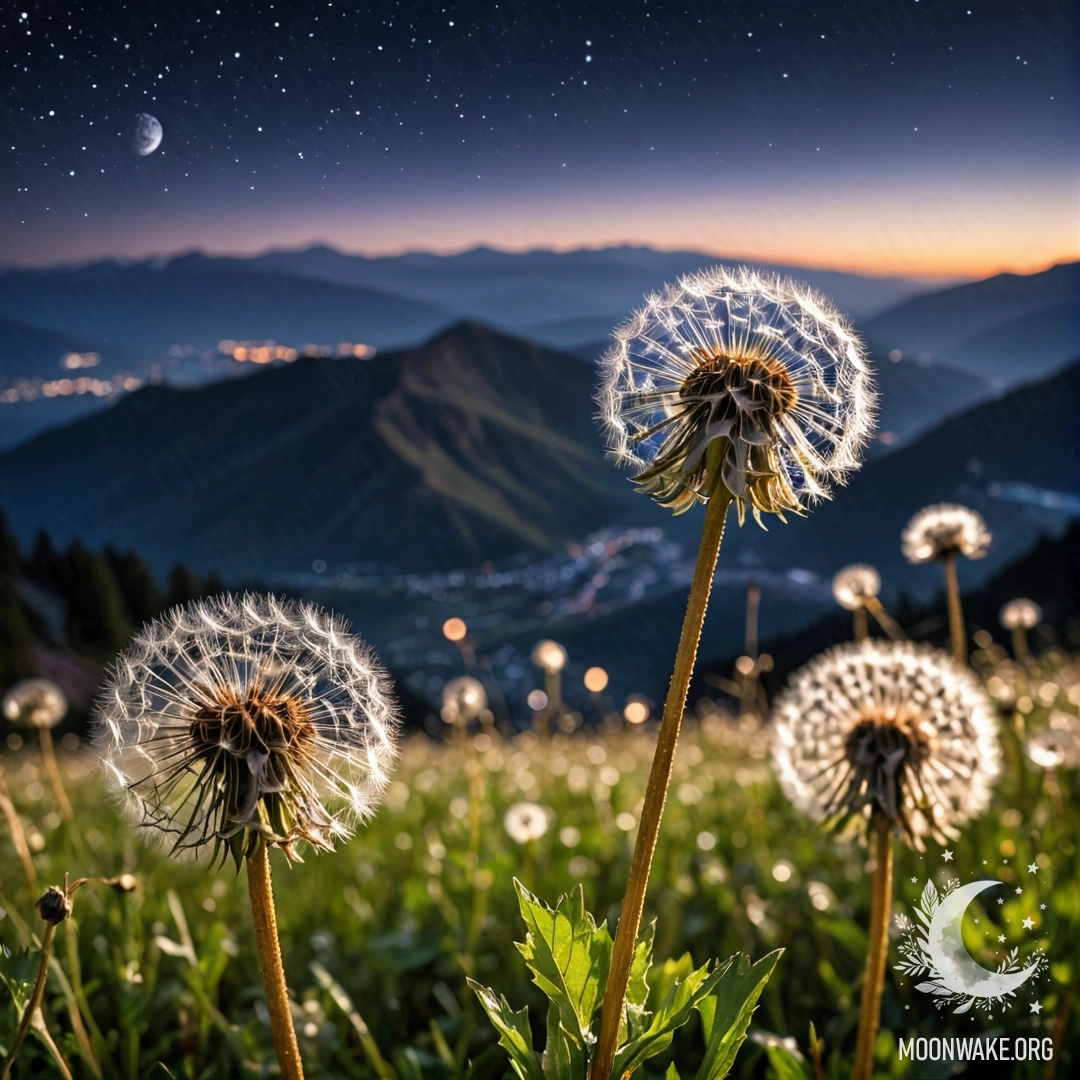 Close-up of dandelions in a field at night with mountains in the background.