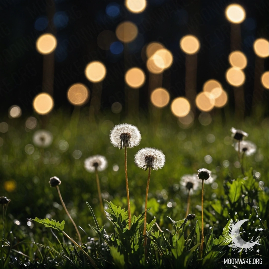 Close-up of dandelions in a romantic field with a bokeh forest background at night.