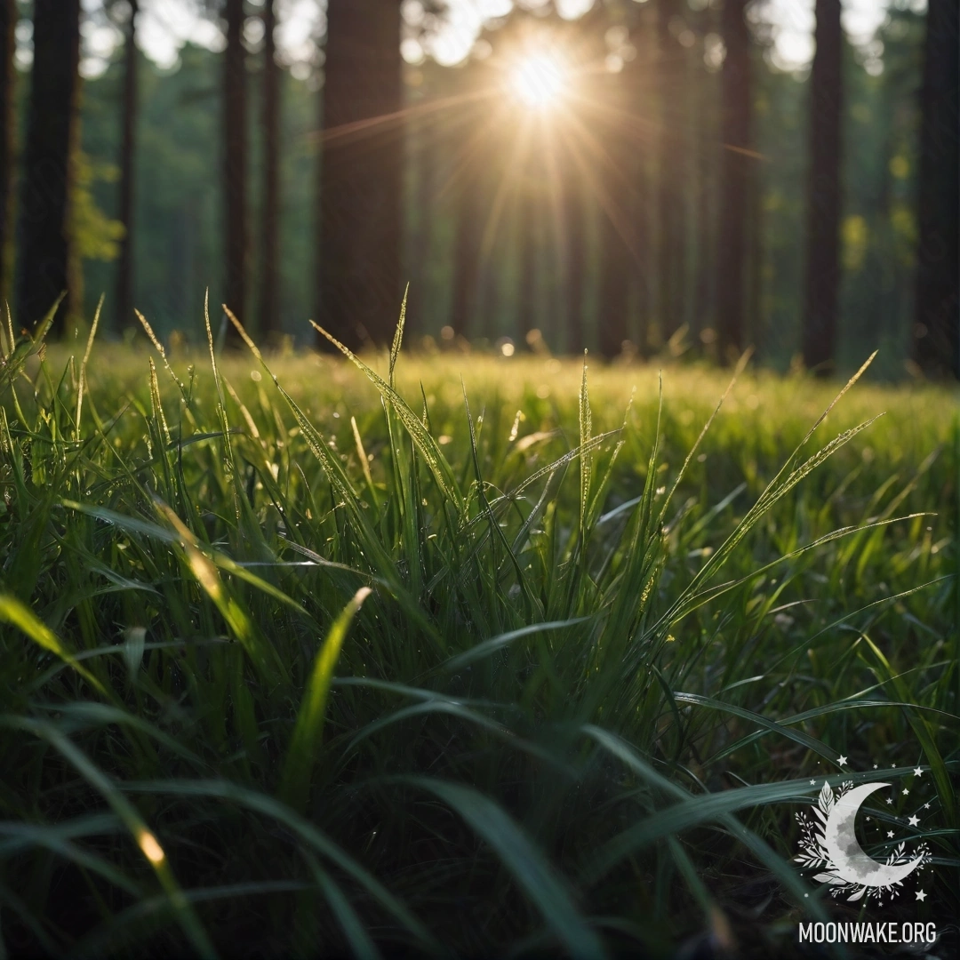 Romantic Night Field with Sun Rays Close-up of grass in a romantic field under a bokeh forest at night with sun rays shining through the trees.