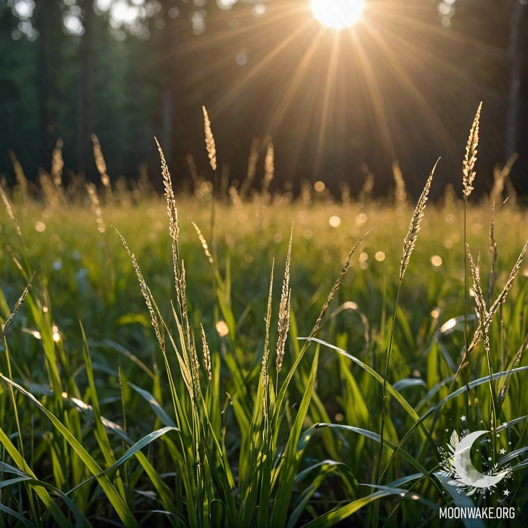 Close-up of grass in a romantic field with bokeh forest and sun rays at night.