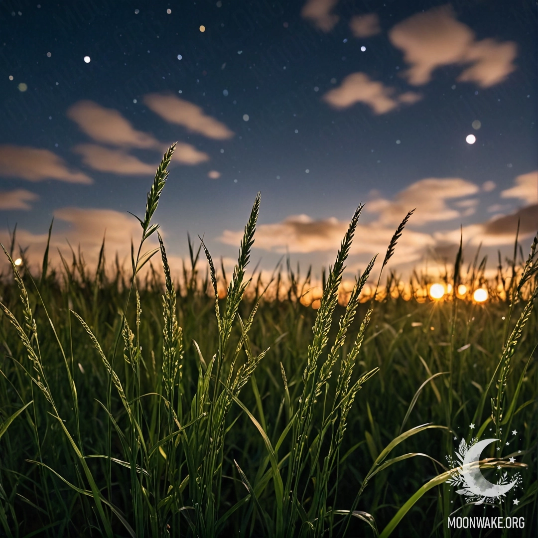 Romantic Night Field Close up of grass in a romantic field under a bokeh sky at night, with clouds in the background.