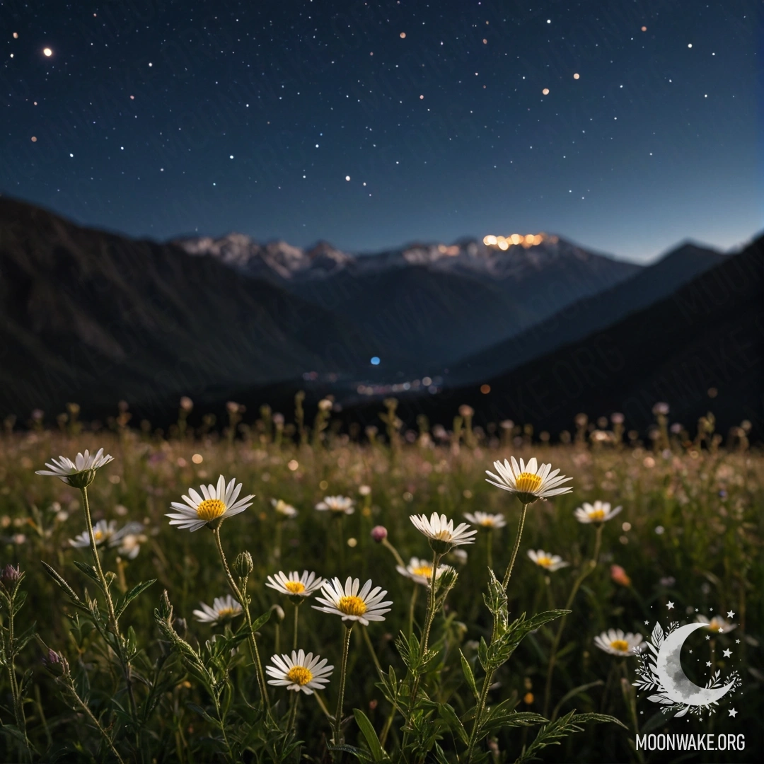 Romantic Night Flowers Against Bokeh Mountains Close-up of delicate flowers in a field with a blurred mountain background at night.