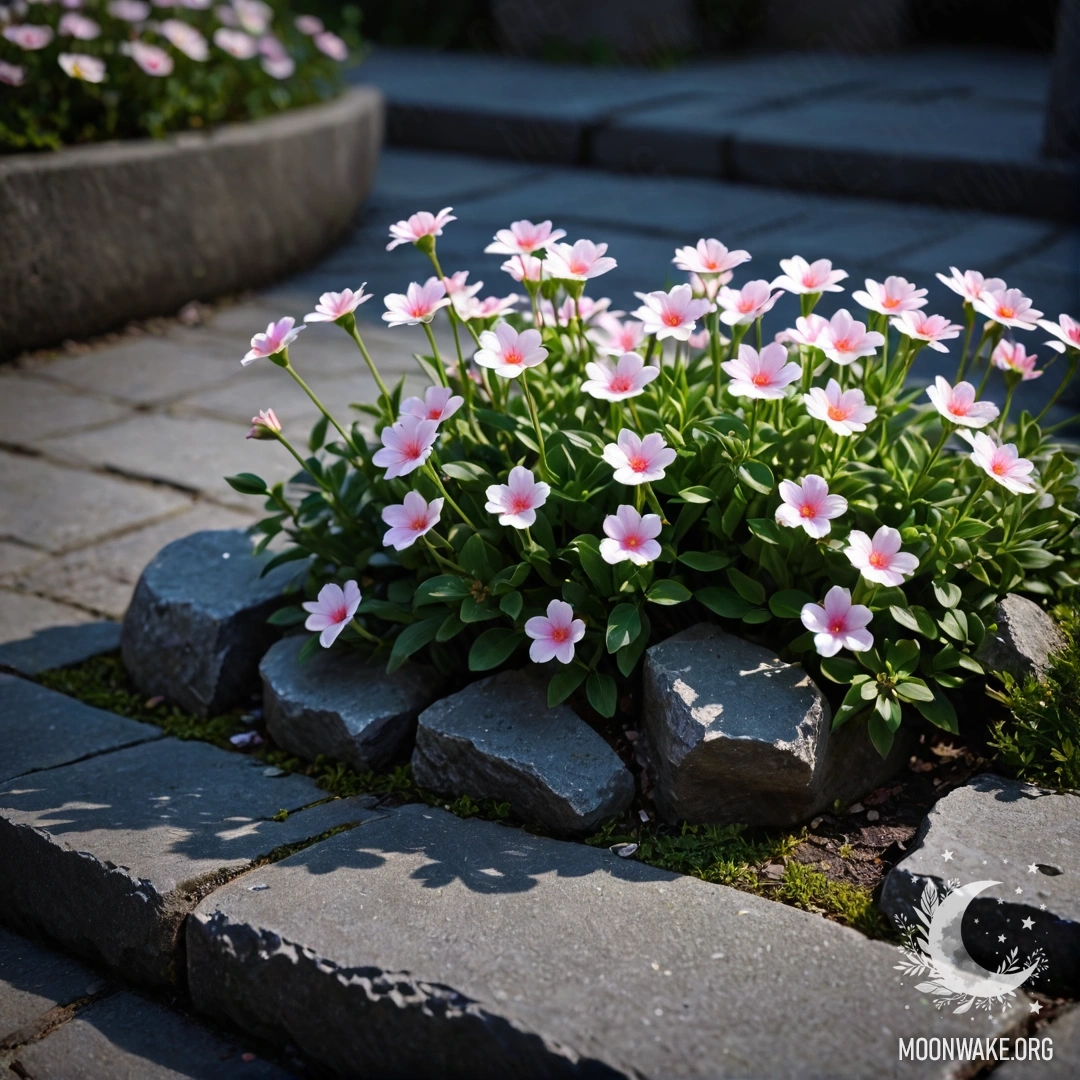 Romantic Night Flowers by Shabby Stone Curb A shabby stone curb with small white and pink flowers growing at night.
