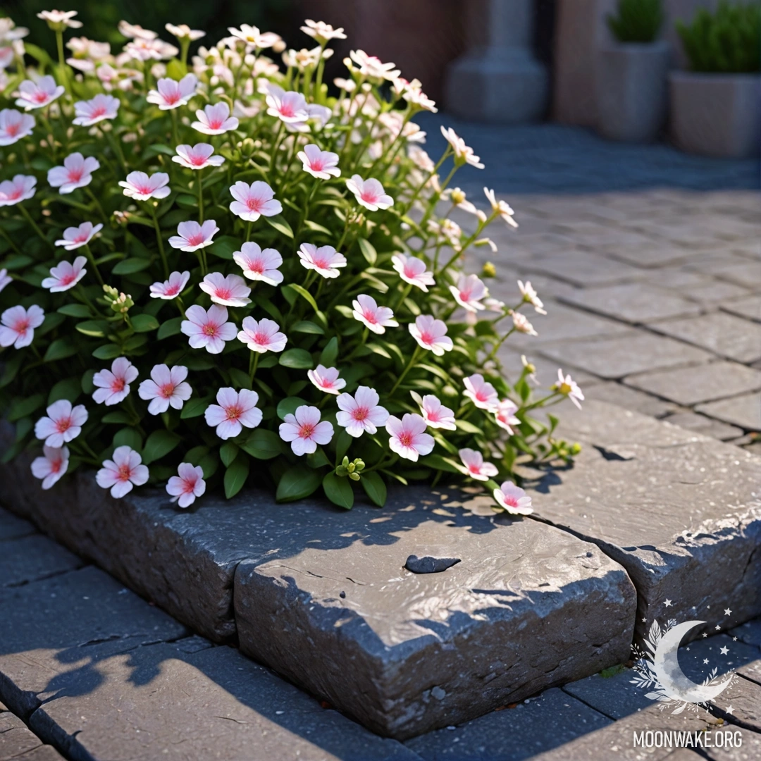 A shabby stone curb adorned with small white and pink flowers growing at night.