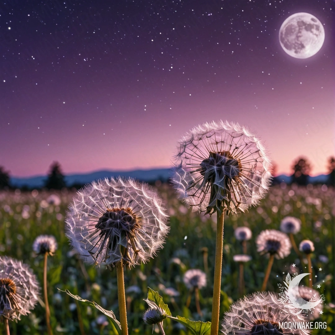 Romantic Night Sky with Dandelions Close-up of dandelions against a pink violet sky with the moon.