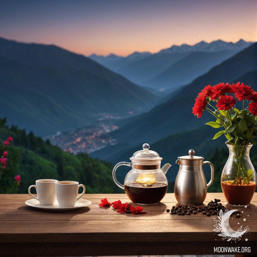 Romantic Night Table in the Mountains A wooden table set against a mountain backdrop at night, featuring a jar of red flowers, a coffee pot, and cups.