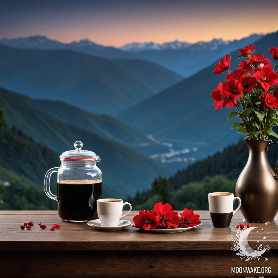 An abstract wooden table at night with a jar of red flowers, a coffee pot, and cups against a mountainous background.