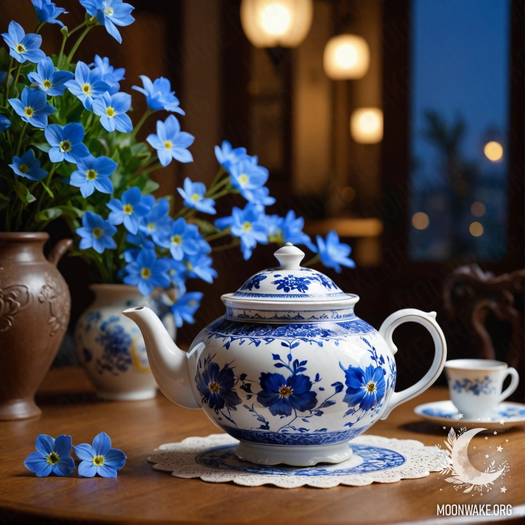 A round wooden table with a porcelain teapot holding blue flowers at night.