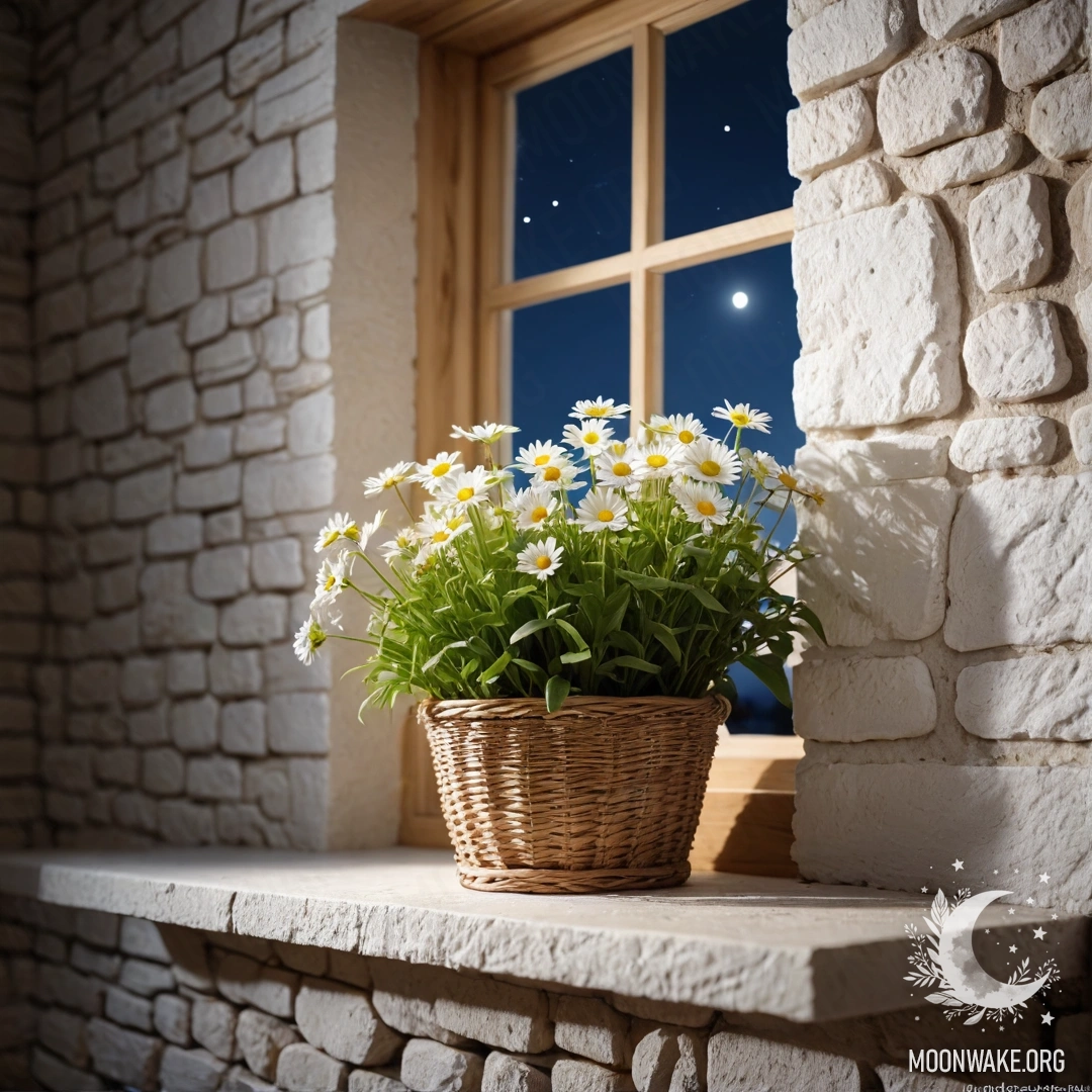 Romantic Night Window with Daisies A romantic white stone wall with an open window and a basket of daisies on the windowsill at night.