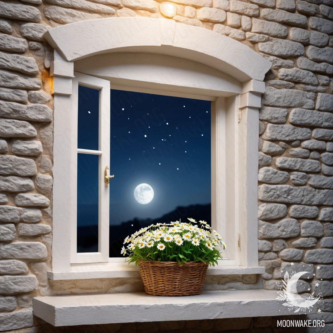 A romantic open window with a view of a white stone wall, featuring a basket of daisies on the windowsill during nighttime.