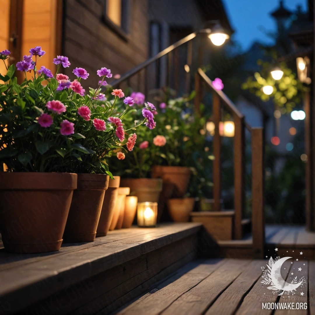 A wooden staircase decorated with flowerpots, illuminated at night.