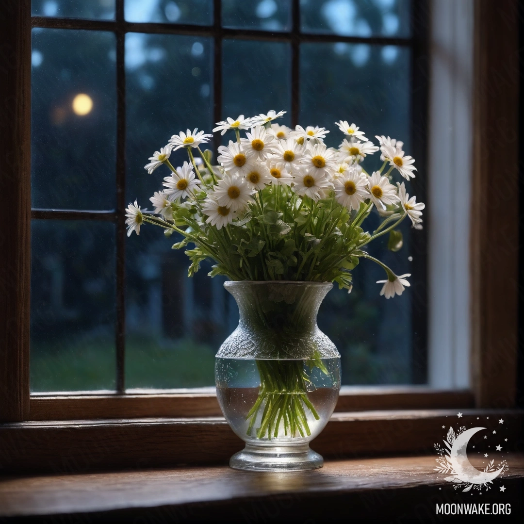 A glass vase with daisies on a vintage wooden windowsill at night.