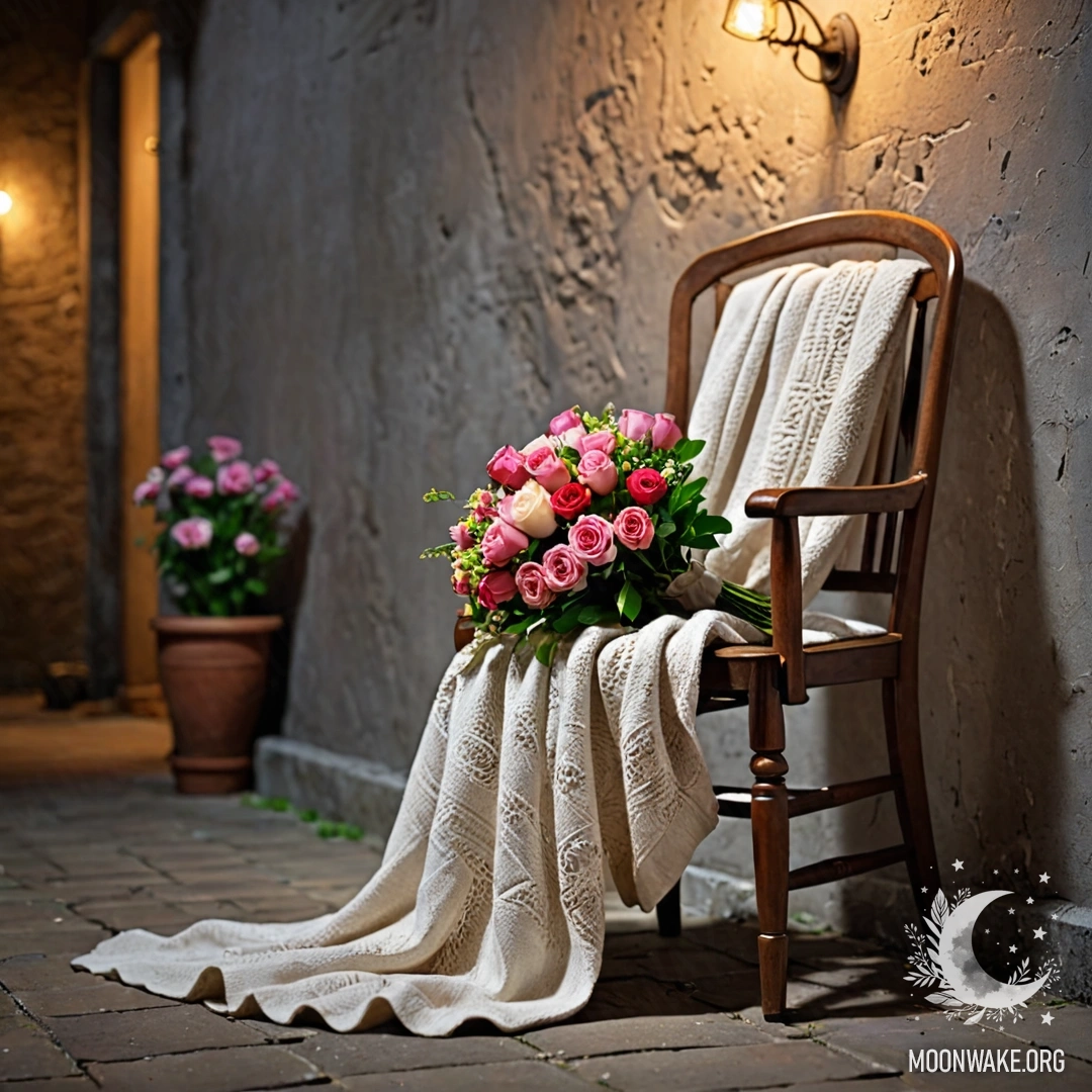 Romantic Nighttime Chair with Flowers A chair against a shabby wall, draped with a blanket and adorned with a bouquet of flowers, all captured at night.