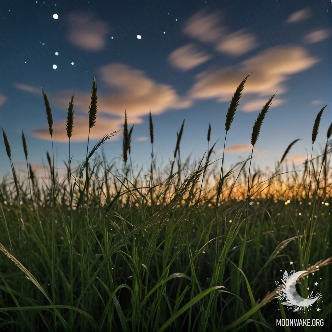 A close-up of grass in a romantic field against a bokeh sky filled with clouds at night.