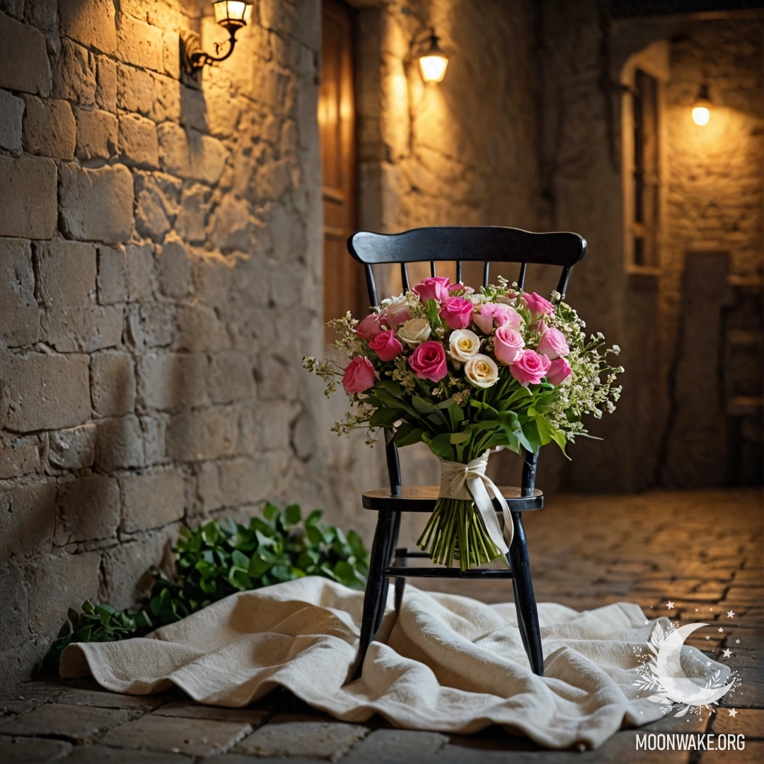 A chair against a shabby wall with a blanket and a bouquet of flowers on it at night.