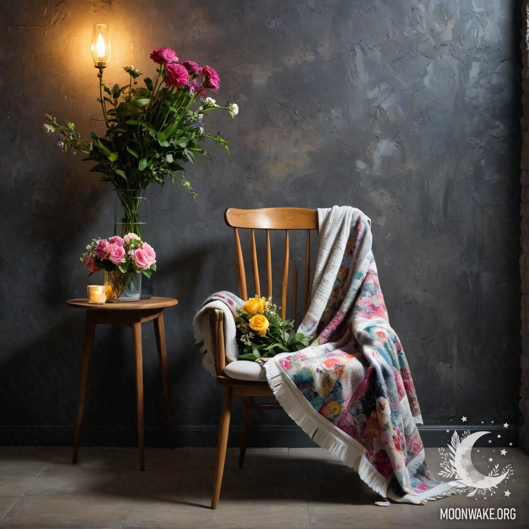 A chair with a blanket and a bouquet of flowers on it, set against a shabby wall at night.