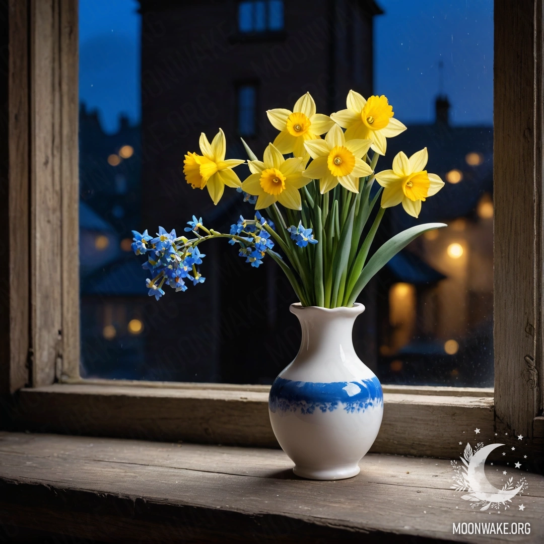 Romantic Nighttime Window Sill with Flowers An old shabby wooden window sill with a white porcelain vase containing daffodils and forget-me-nots at night.