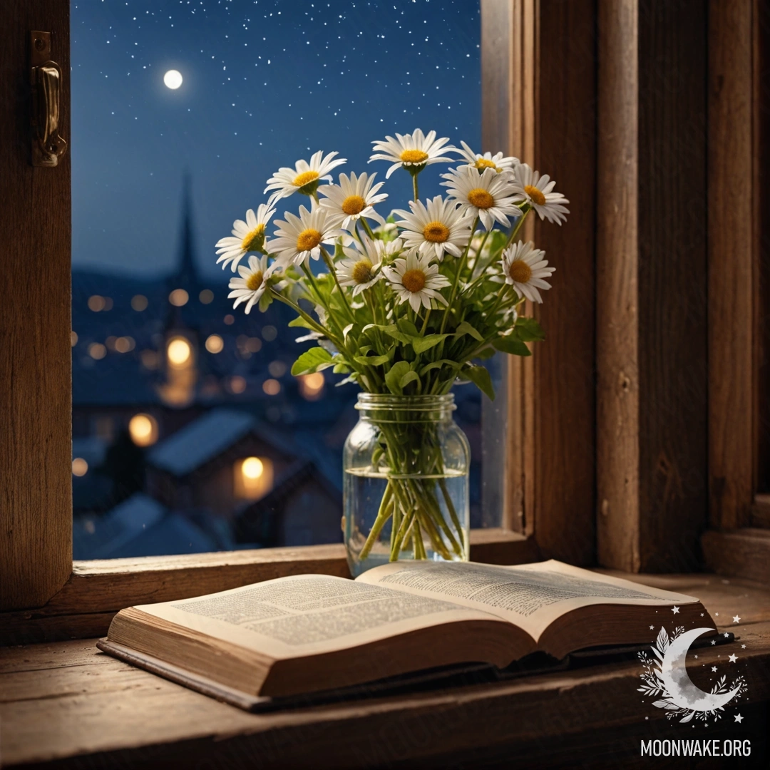 A photorealistic depiction of a shabby wooden windowsill with a jar of daisies and an open book at night.