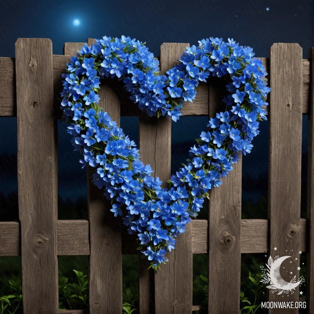 An old shabby blue door with a bouquet of poppies hanging from the handle at sunset.