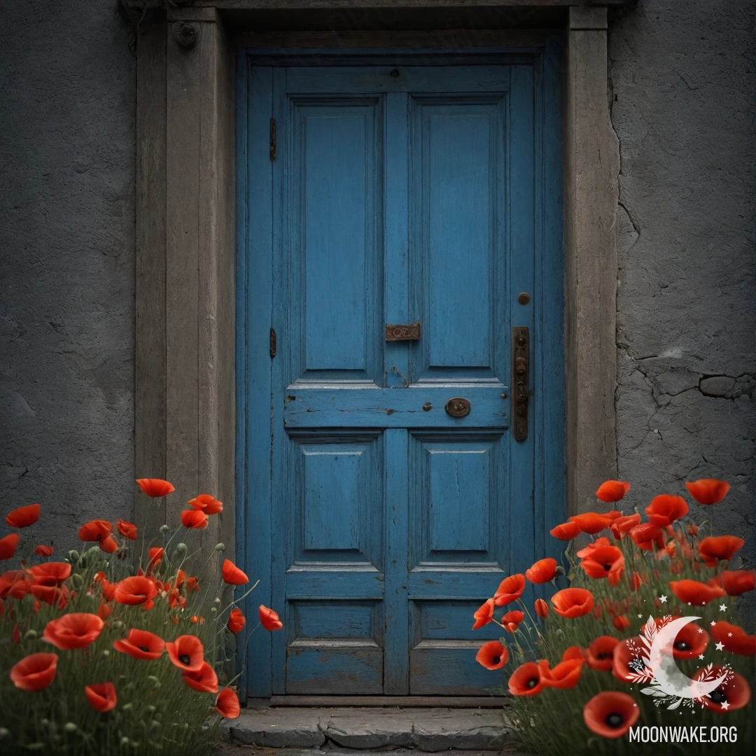 Romantic Old Blue Door with Poppies A weathered blue door with a bouquet of poppies in the handle at night.