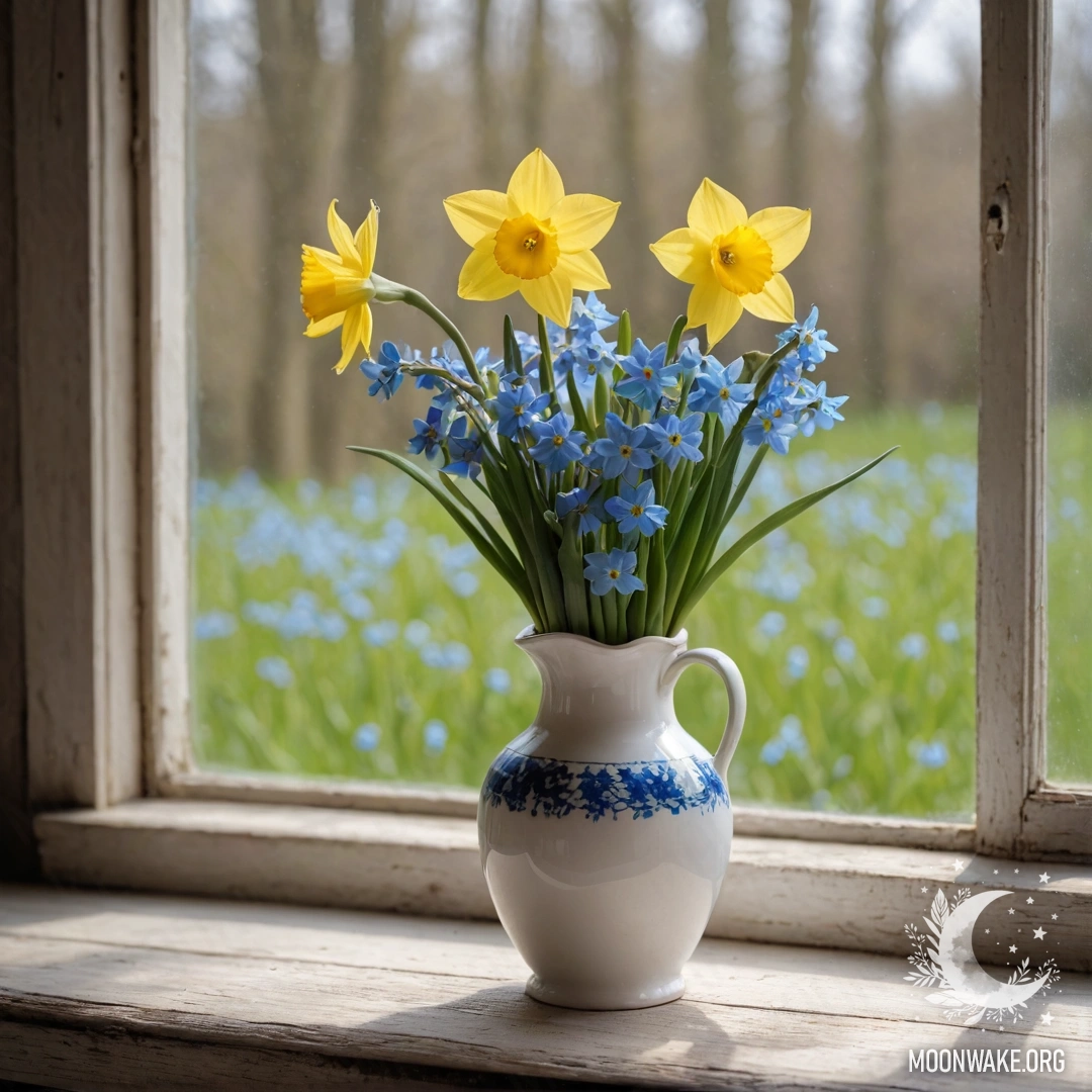 A white porcelain vase with daffodils and forget-me-nots on an old shabby wooden window sill.
