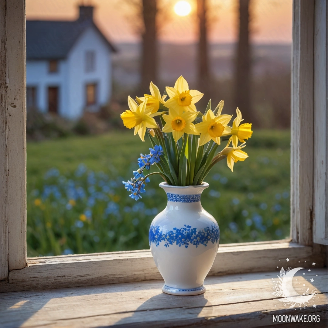 An old shabby wooden window sill adorned with a white porcelain vase filled with daffodils and forget-me-nots during sunset.