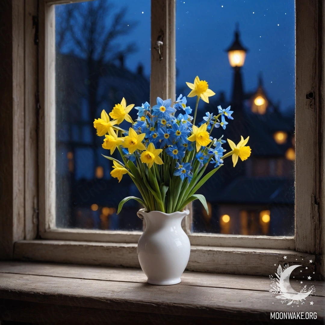A shabby wooden window sill at night with a white vase containing daffodils and forget-me-nots.