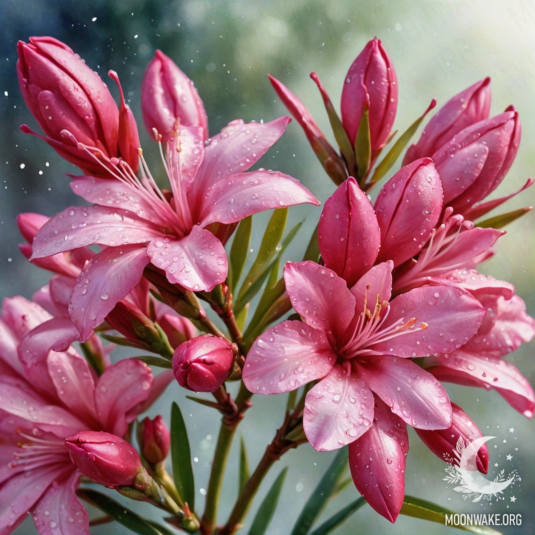 Romantic Oleander with Dew Drops and Sun Rays A vibrant fuchsia oleander flower adorned with sparkling dew drops under warm sunlight.