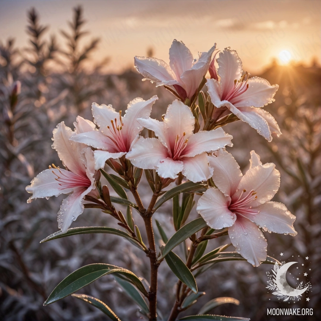 Romantic Oleander at Frosty Sunset A romantic scene featuring oleander flowers surrounded by frost during sunset, embellished with rhinestones.