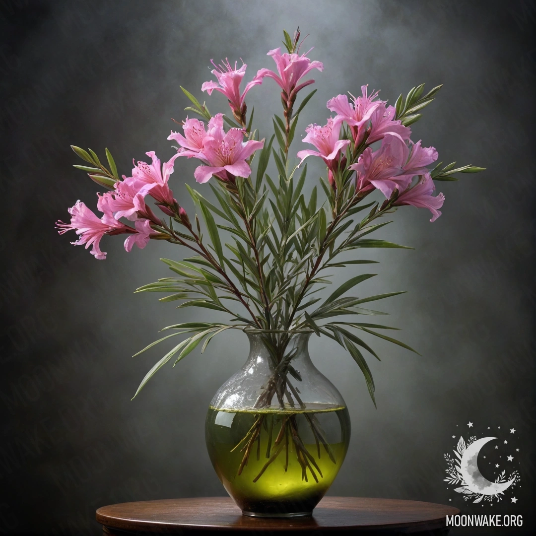 A vase filled with oleander flowers, surrounded by night fog.