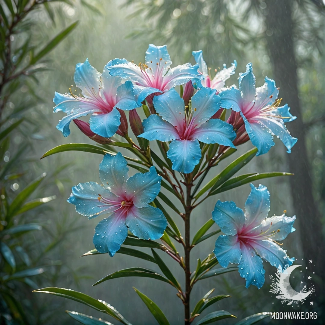Romantic Oleander in Fog A romantic scene featuring oleander in a foggy setting, illuminated by sunny rays and sparkling glitter.