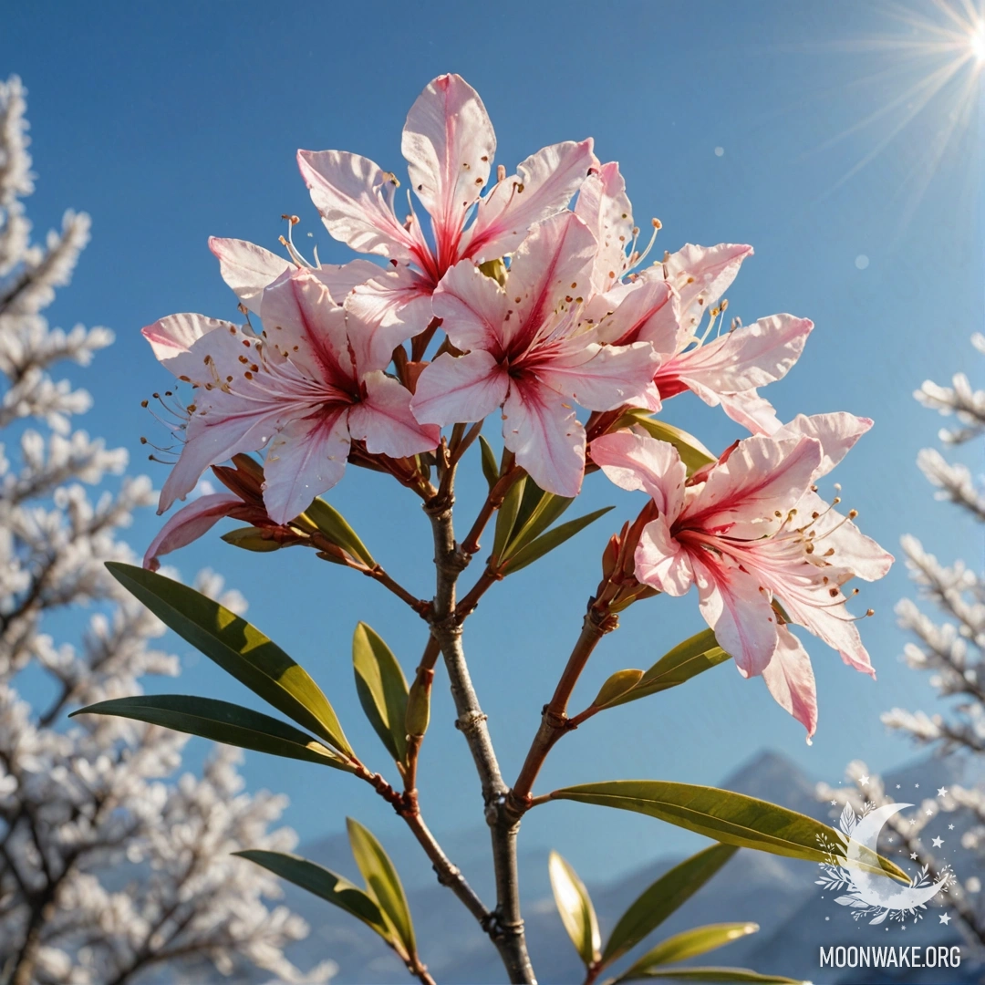 A beautiful oleander plant covered in frost with sunny rays illuminating its blue flowers, styled in ukiyo-e painting.