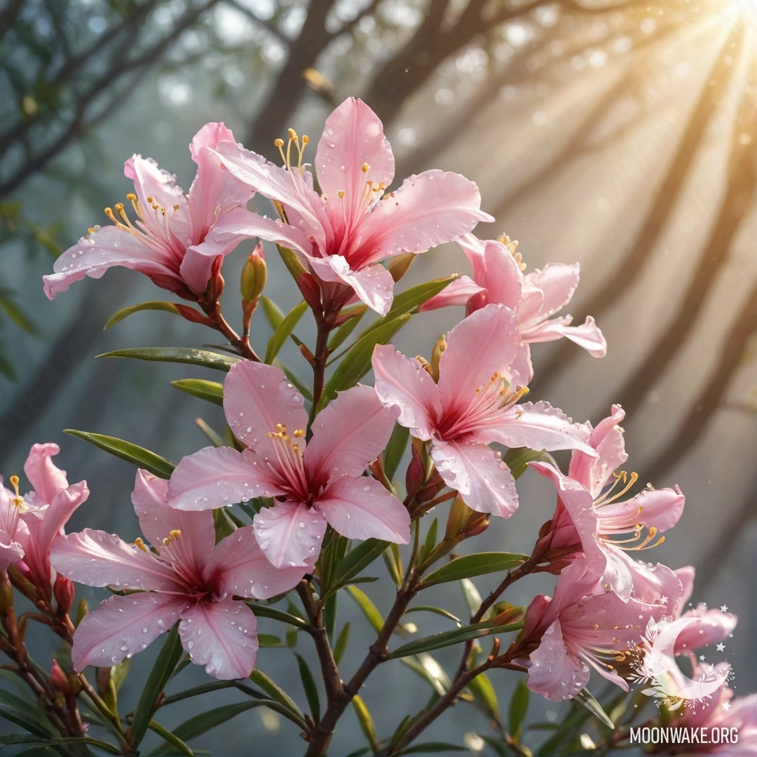 A beautiful oleander flower surrounded by fog and sunny rays adorned with golden rhinestones.