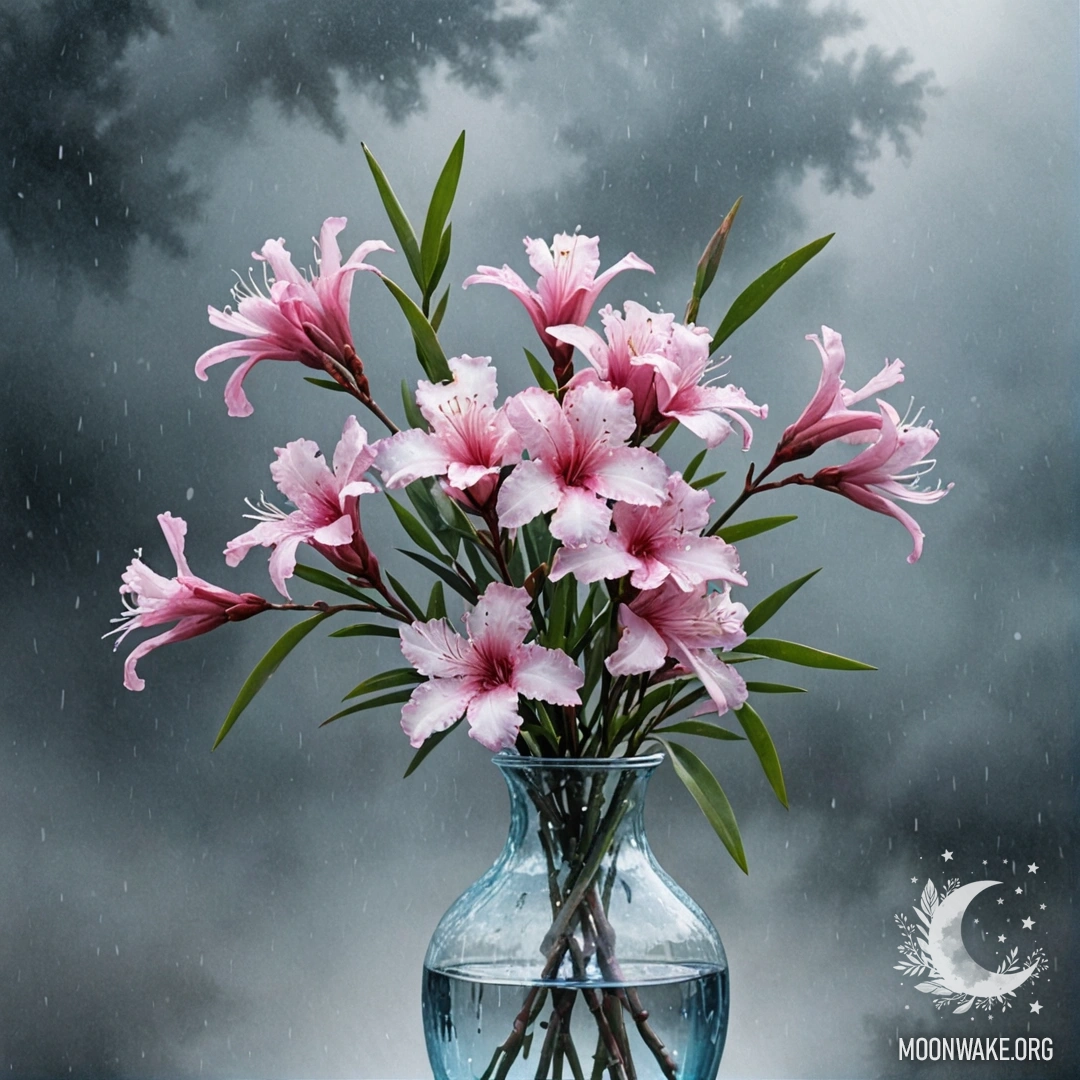 A delicate arrangement of oleander flowers in a vase amidst mist and rain.