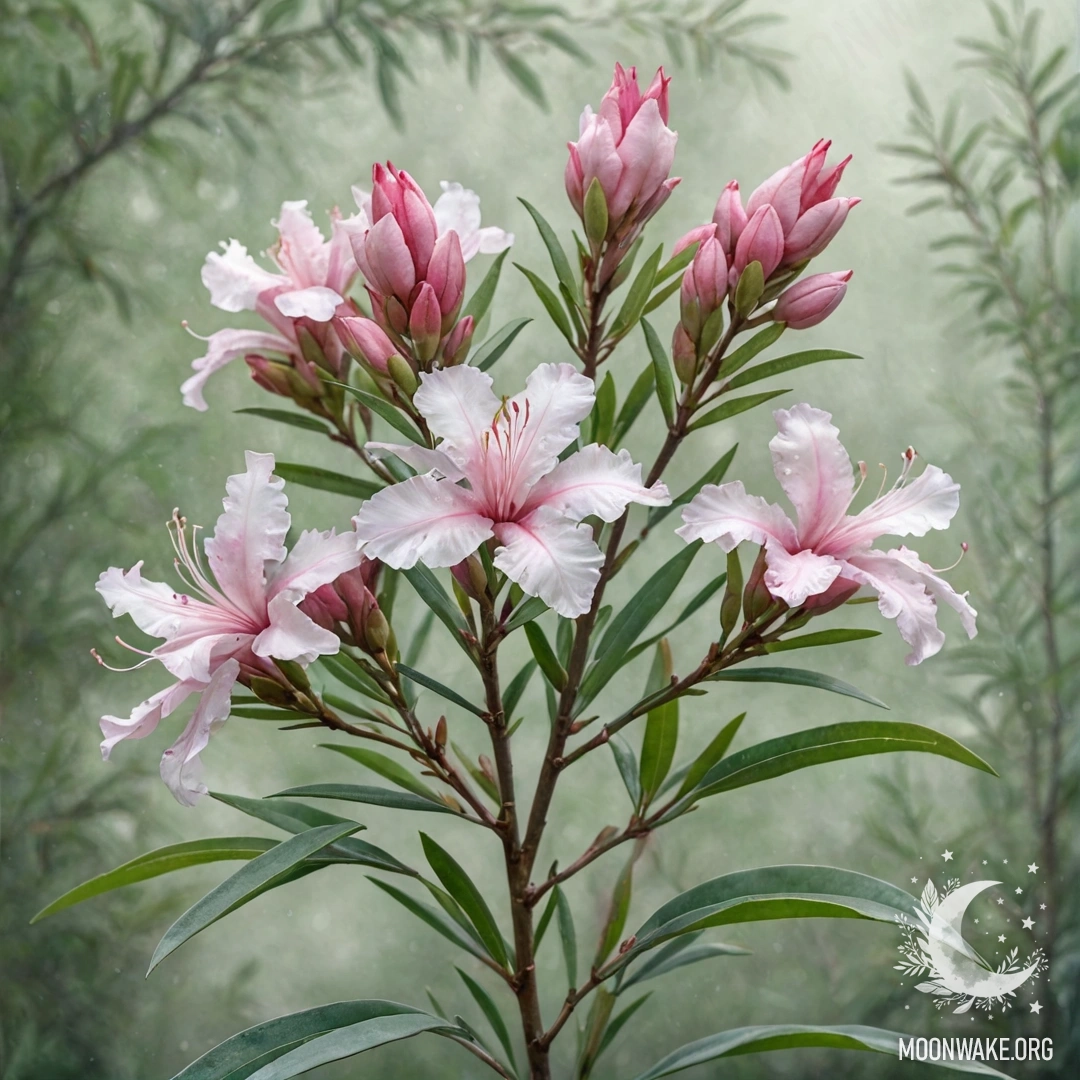 A delicate oleander flower surrounded by soft fog, in sage colors.