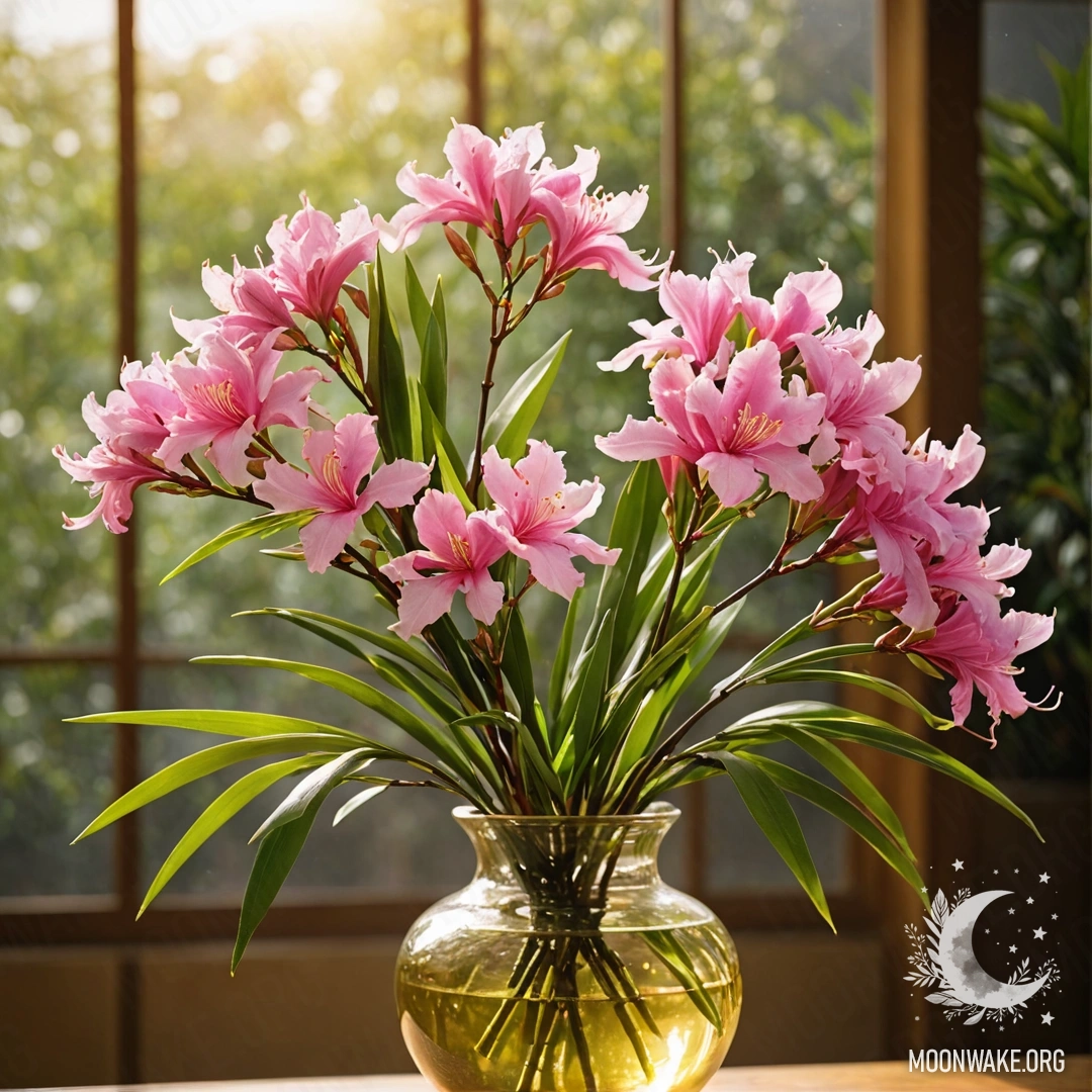 A golden vase holding romantic oleander surrounded by mist and sun rays.