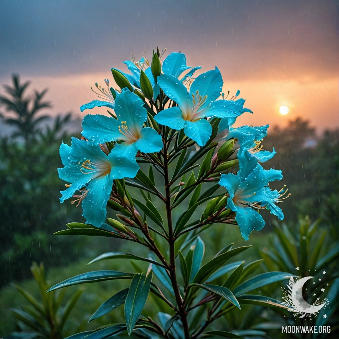 A beautiful oleander flower appears in a misty scene with rain during sunset, with a greenish-blue hue.