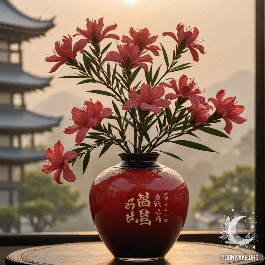 Romantic Oleander in Sunset Fog A vibrant red oleander flower in a vase, surrounded by soft fog at sunset.