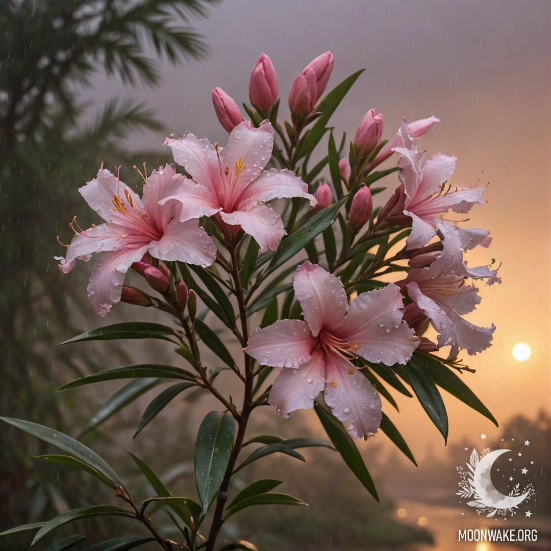 Romantic Oleander in the Mist A romantic oleander surrounded by mist and rain during sunset.