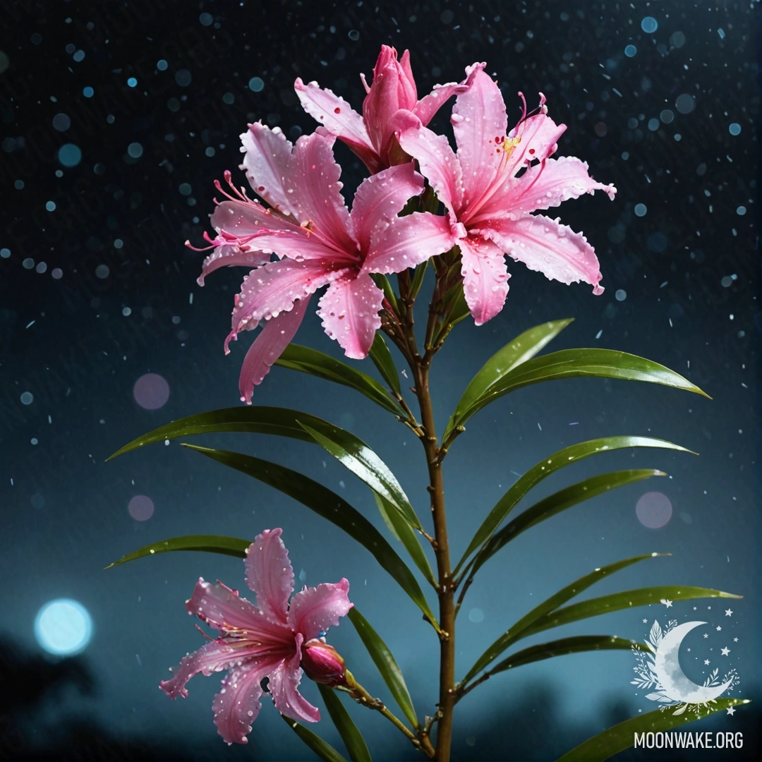 A romantic oleander surrounded by mist at night, illuminated by sequin colors reminiscent of sea waves.