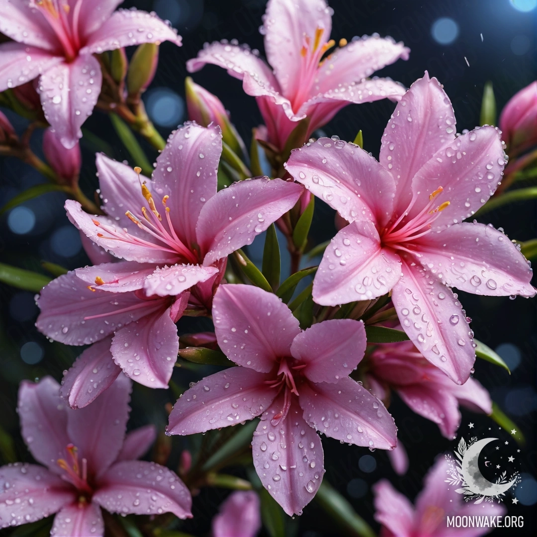 A romantic oleander flower with lavender petals adorned with dew drops and rhinestones in a night setting.