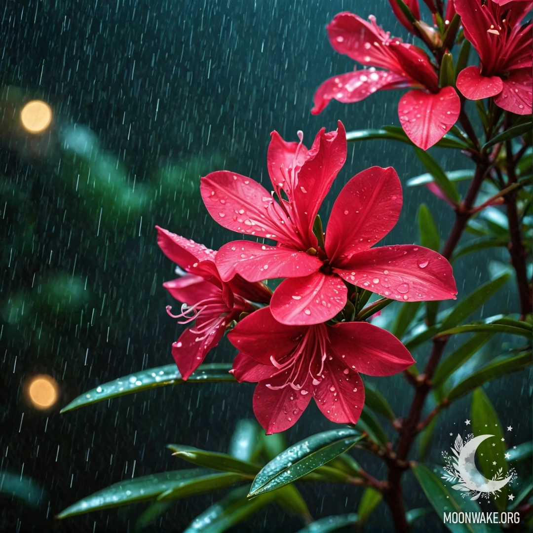 Romantic Oleander Under Rainy Night A blooming oleander drenched in rain, set against a dark night background.