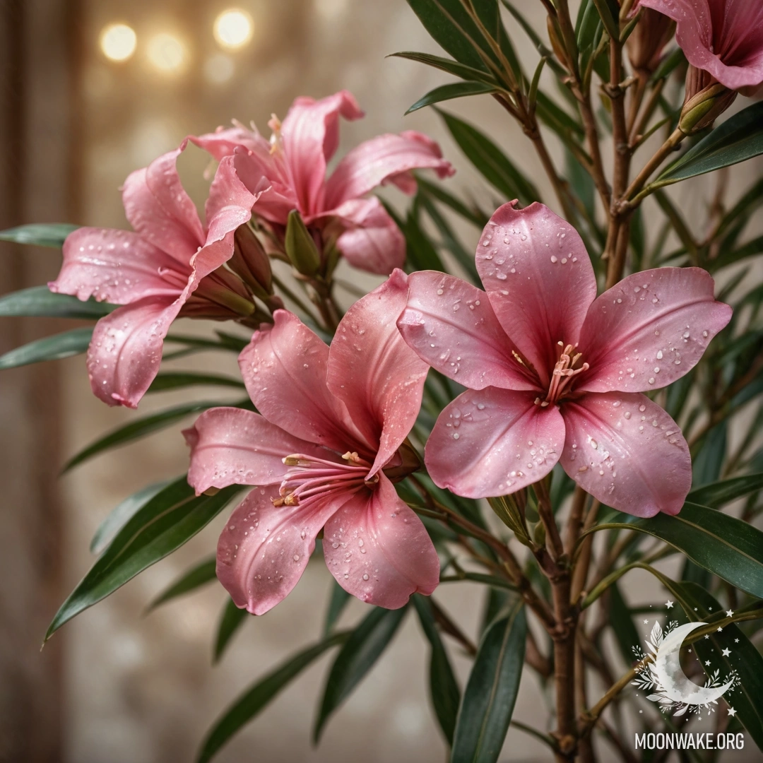 A delicate oleander adorned with coffee-colored sequins, inspired by Art Nouveau.