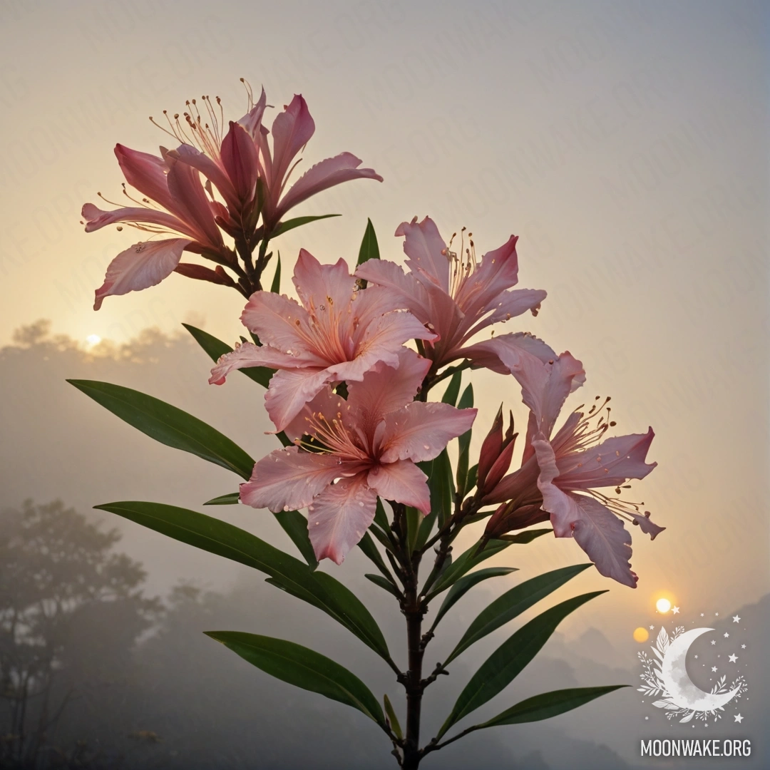 Romantic Oleander at Sunset with Rhinestones A romantic scene depicting oleander flowers in the fog at sunset, adorned with golden rhinestones.