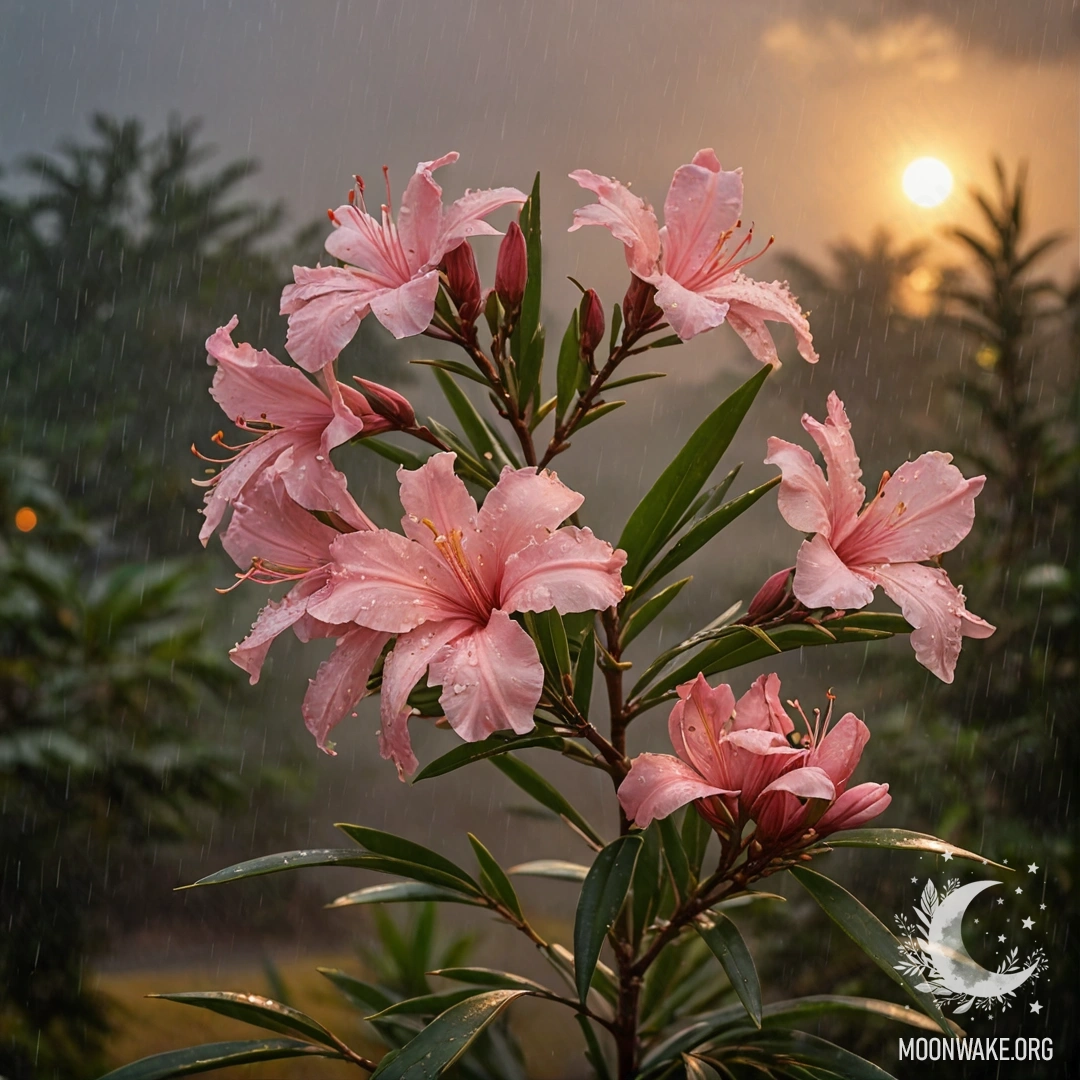 Romantic Oleander in Sunset Rain A vibrant oleander flower in mist during rain at sunset.