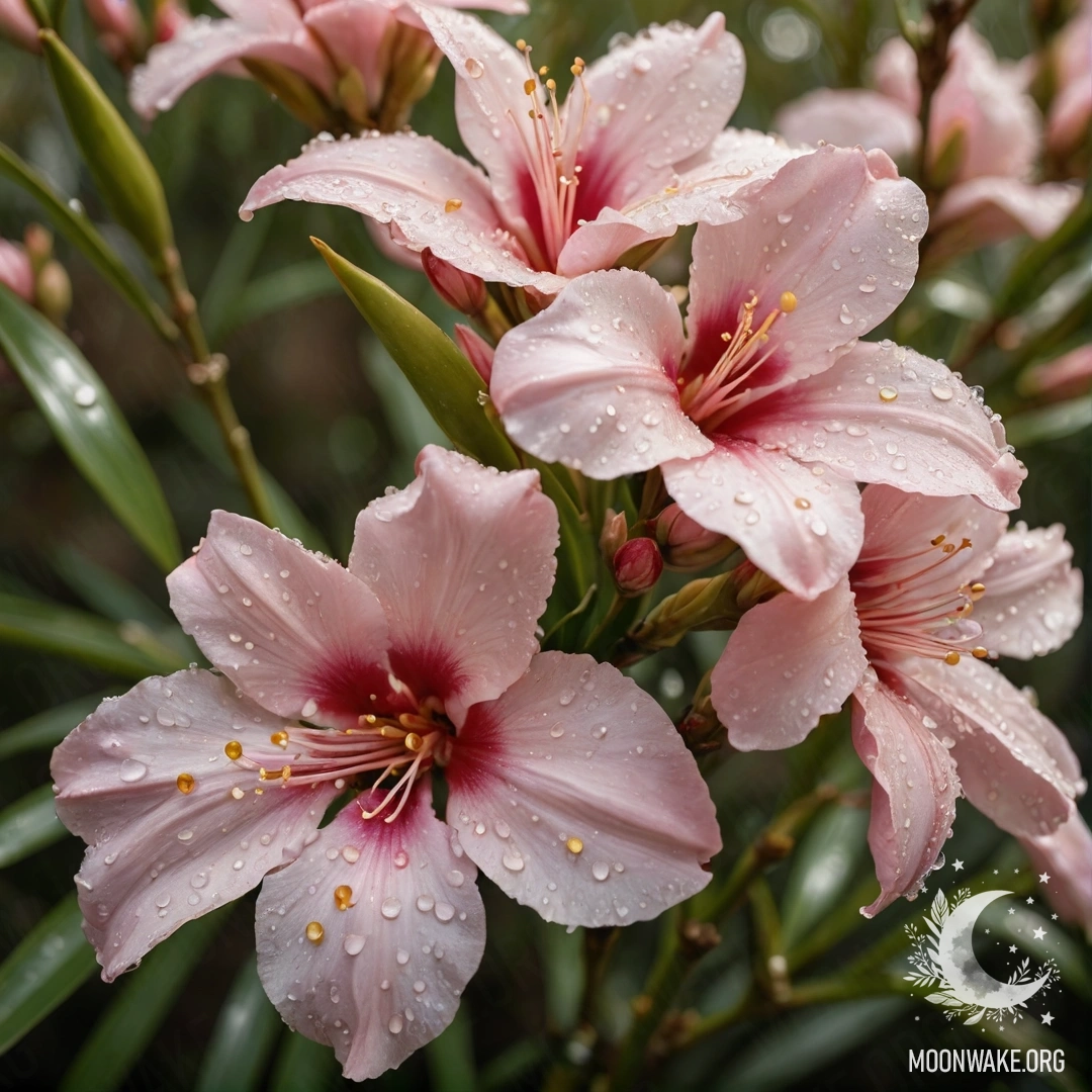 Golden oleander flowers with dew drops, accompanied by Japanese calligraphy.