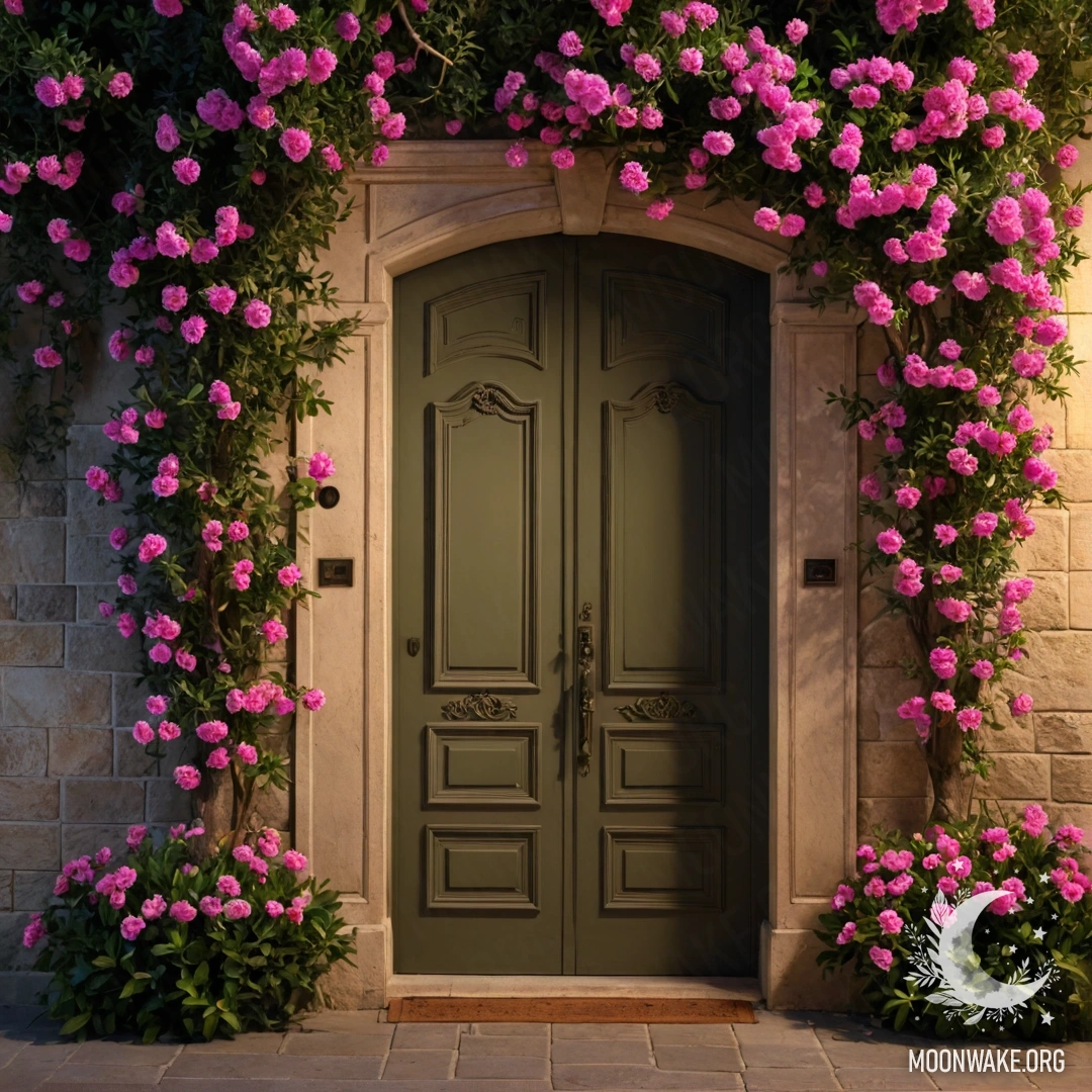 A romantic olive door under a tree adorned with pink flowers at night.