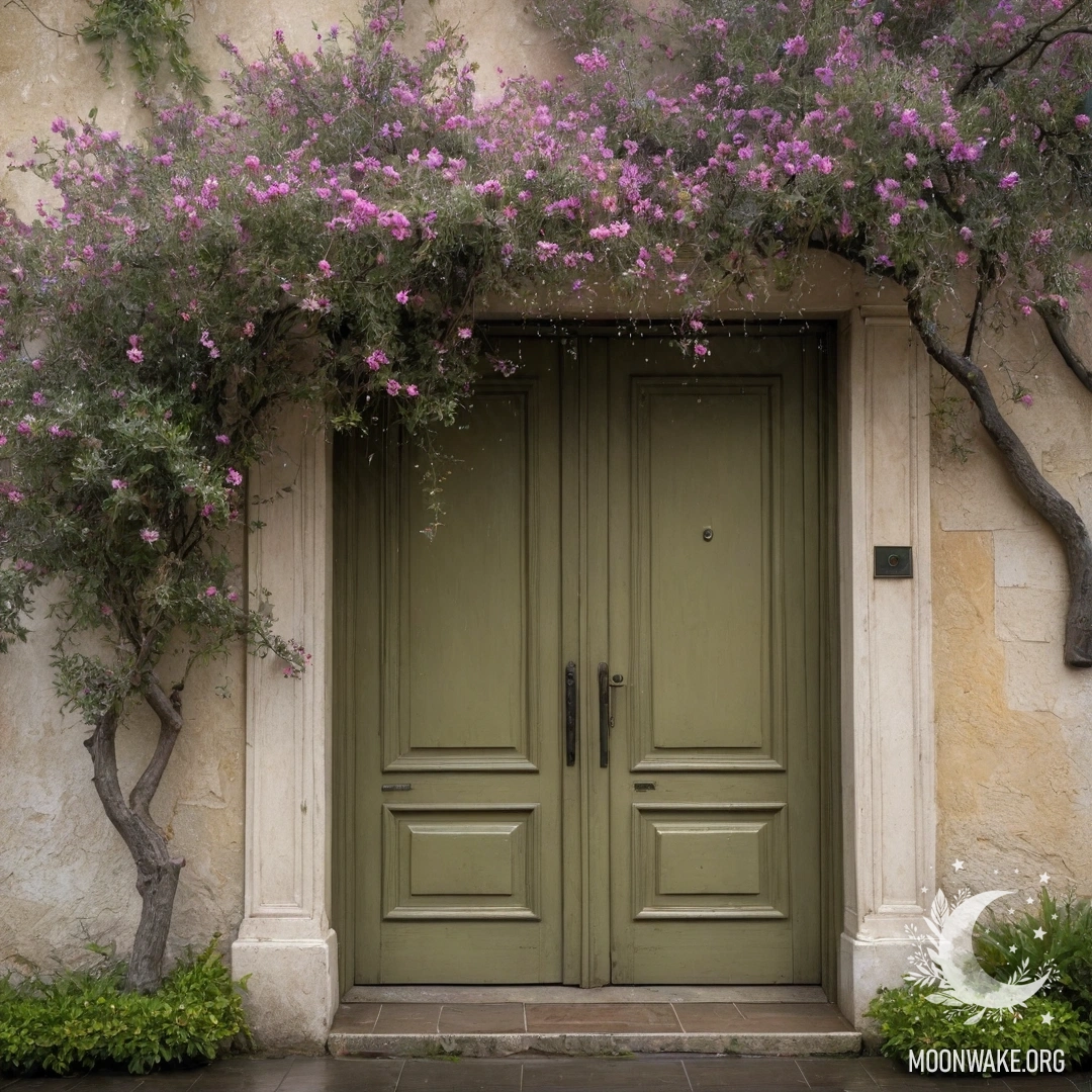 Romantic Olive Door Under Pink Blossoms A romantic olive door adorned by a tree with pink flowers in the rain.