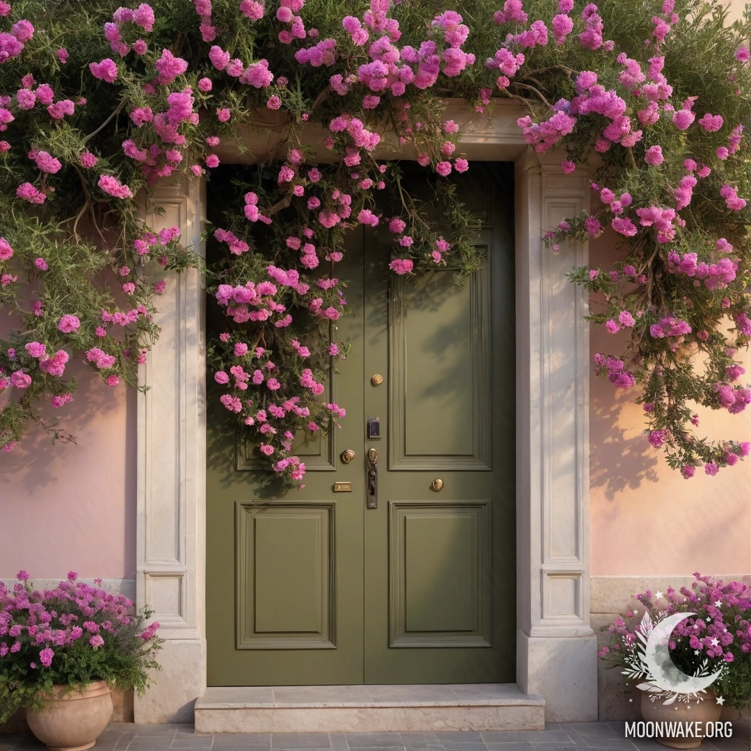 An olive door framed by a flowering tree at sunset