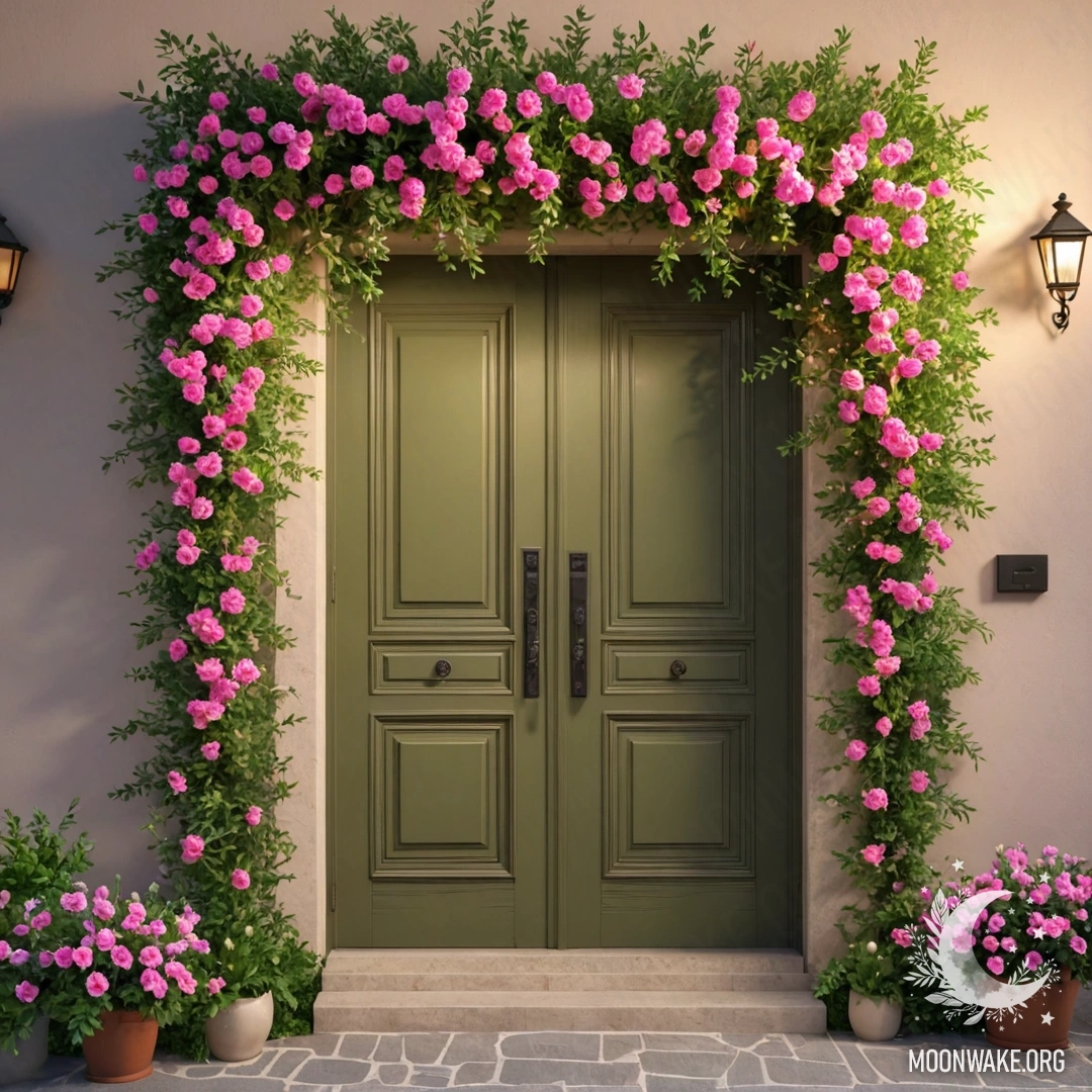 A romantic olive door framed by a tree adorned with pink flowers and garland lights.